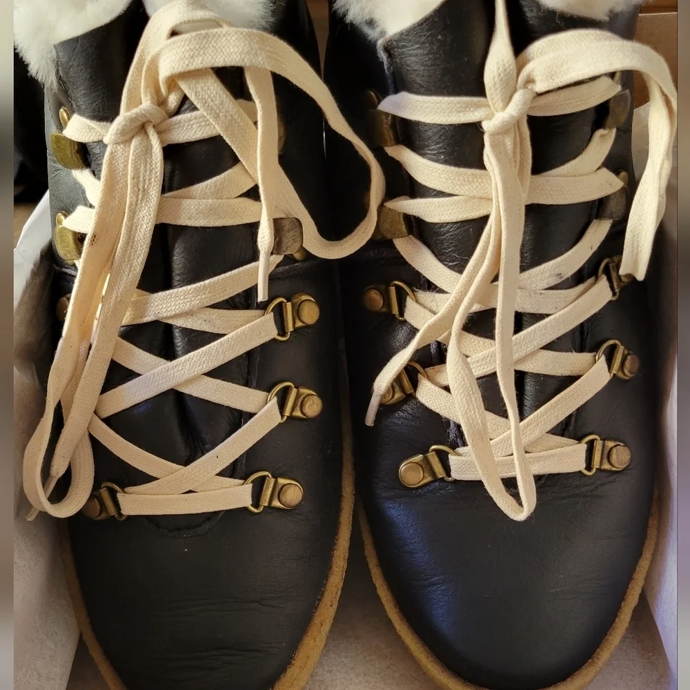 New 41 F-troupe Crepe Sole, Hiking, Black Fur Sheep Boots.